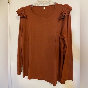 Copper colored long-sleeve, ruffle-shoulder adorable top, NWOT